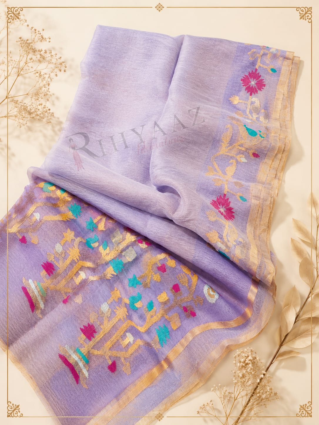 Khori - Silk Tissue Linen Needle Karat Jamdani Saree with handcrafted Resham Jamdani palla, premium handwoven festive saree by Rihyaaz featuring elegant traditional weaving and luxurious silk tissue linen fabric.