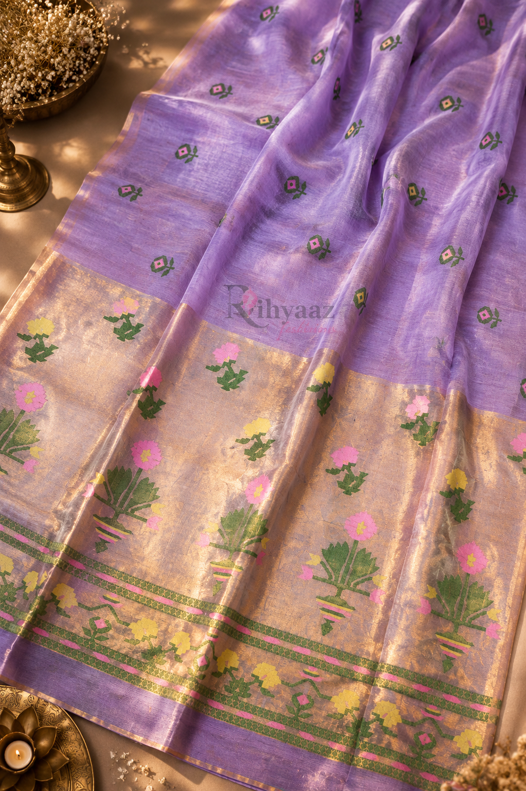 Ful - Paithani Inspired Tissue Palla Linen Silk Saree by Rihyaaz featuring an elegant handwoven linen silk body with a luxurious tissue Paithani-inspired palla, ideal for festive wear, wedding celebrations, and traditional occasions.