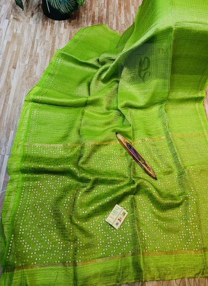 Shama Pure Resham festive saree with dual silver and golden zari stripes, sequin work on palla and border, paired with Pure Matka blouse piece by Rihyaaz.