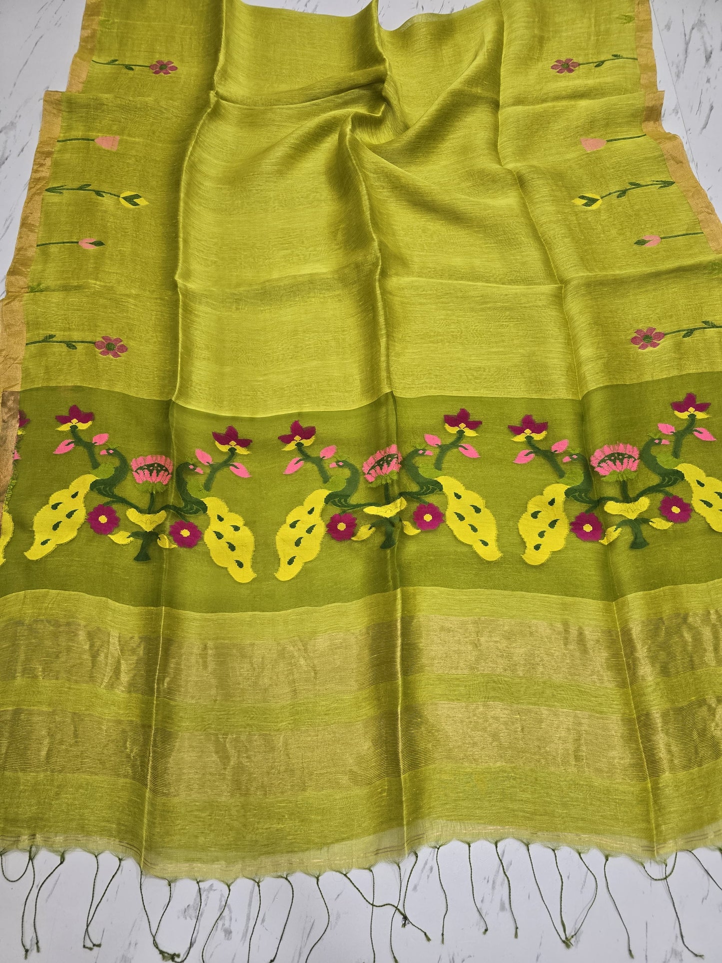 Keka pure silk linen saree with elegant muslin pallu, running blouse piece and Handloom Mark by Rihyaaz