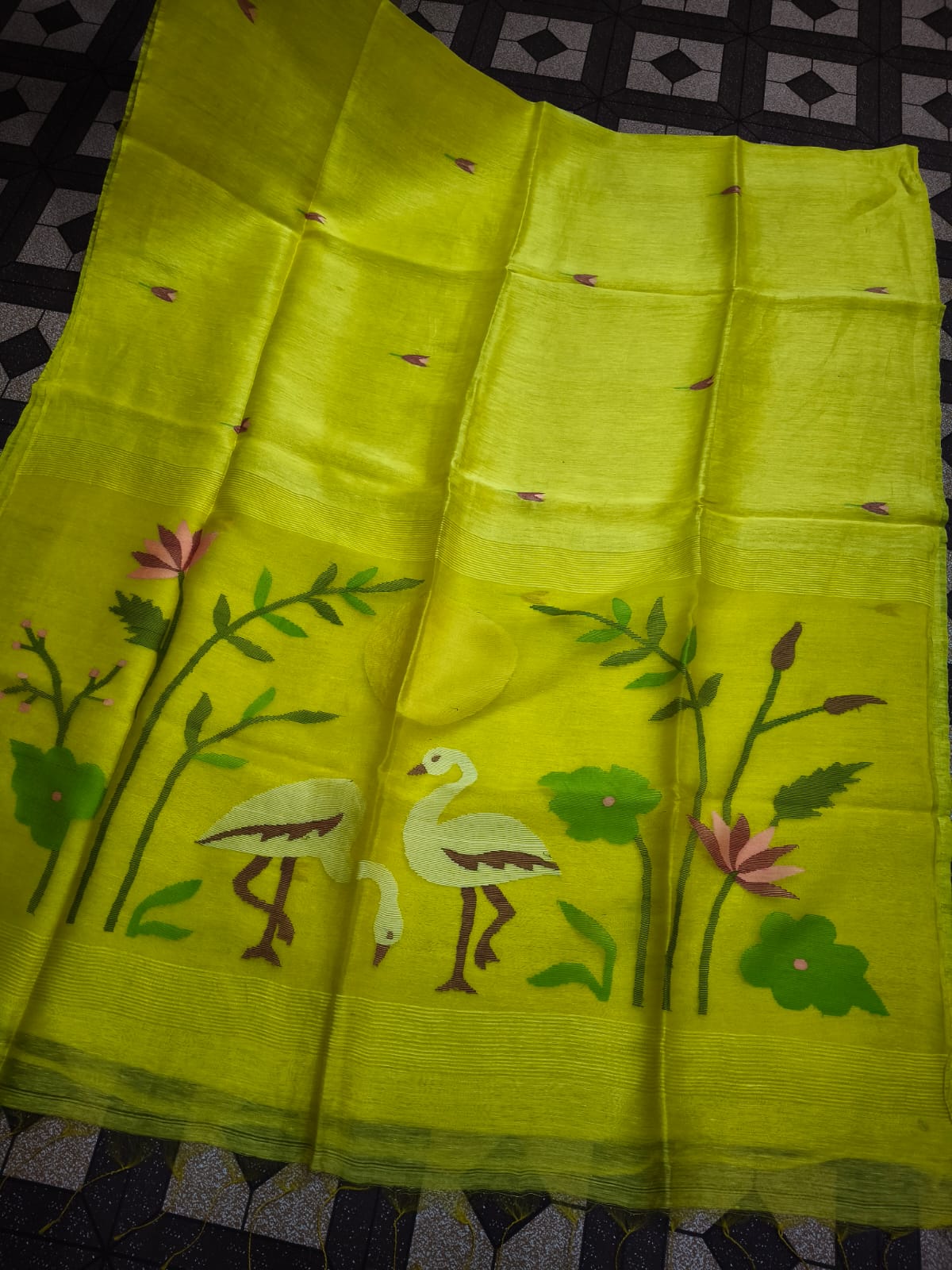 Kanika pure Jayasree silk linen saree with handwoven needlework Jamdani, pure Resham palla, all-over motifs and running blouse piece by Rihyaaz Fashions