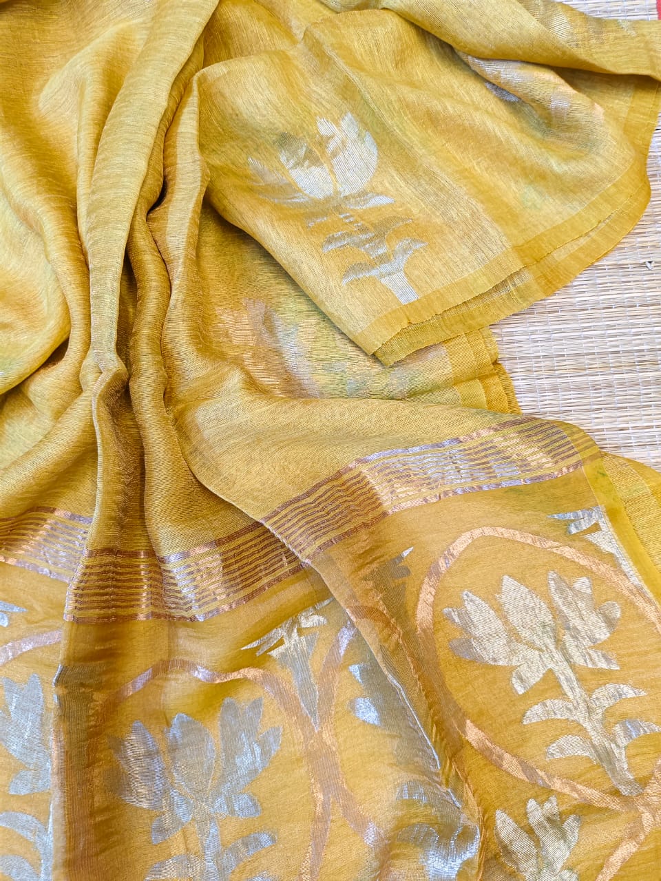 Padmini - Lotus Fusion Silk Linen Saree by Rihyaaz, premium handwoven silk linen saree with lotus-inspired design, lightweight festive ethnic wear for weddings and celebrations.