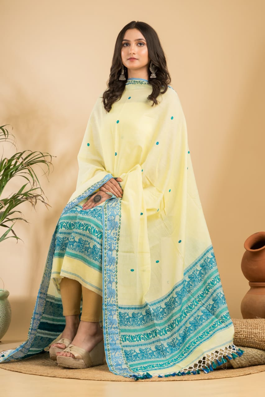 Rihyaaz Light Beige cotton Baluchuri suit set with 2.5 meter top and 2.5 meter tassel dupatta, elegant traditional ethnic wear for women.