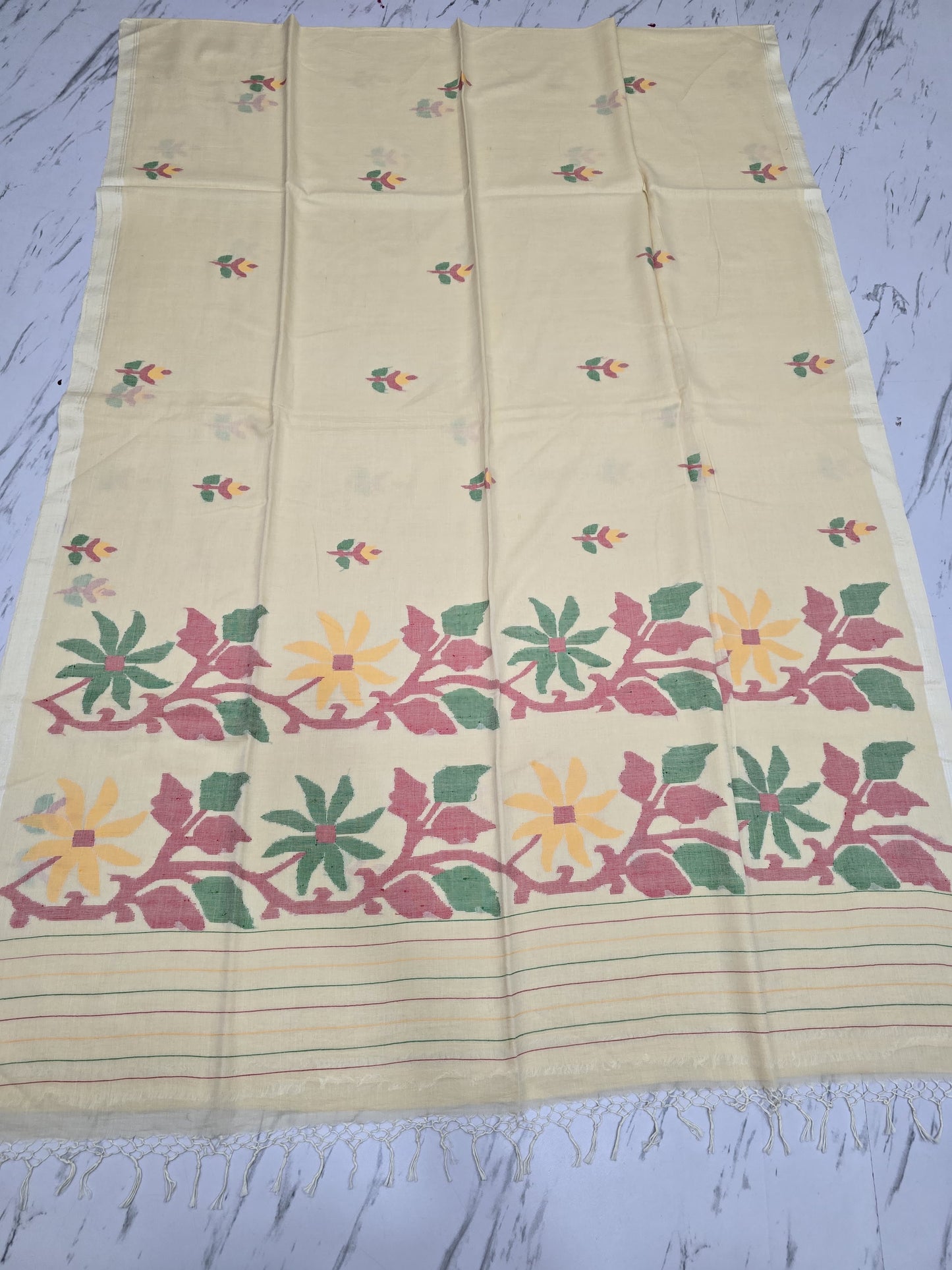 Alka handspun cotton needle Jamdani saree by Rihyaaz, featuring intricate handwoven Jamdani detailing and traditional Indian handloom craftsmanship.