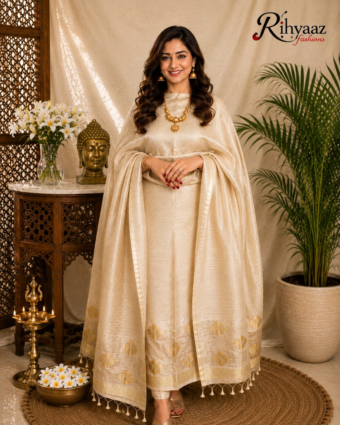 Noorie Silk Mark Certified Kora Palla Linen Silk Khaduwa Weaving Suit with intricate handwoven detailing, 2.5 mtr top and dupatta by Rihyaaz Fashions.