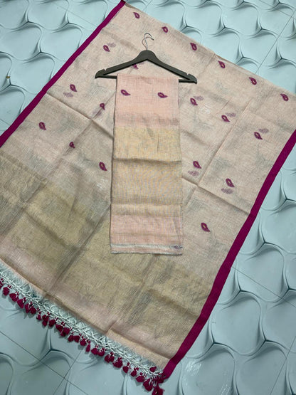 Nethra linen zari patta Jamdani suit by Rihyaaz, featuring a refined linen texture, delicate zari patta detailing and elegant traditional Jamdani craftsmanship.