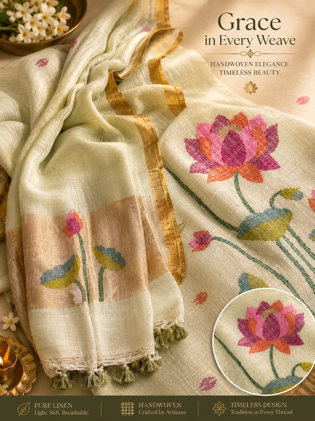Komol Jayshree linen suit with lotus weaving and tissue palla dupatta by Rihyaaz