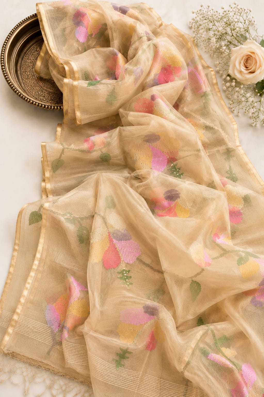 Blossom muslin Jamdani saree with allover floral handwoven motifs by Rihyaaz