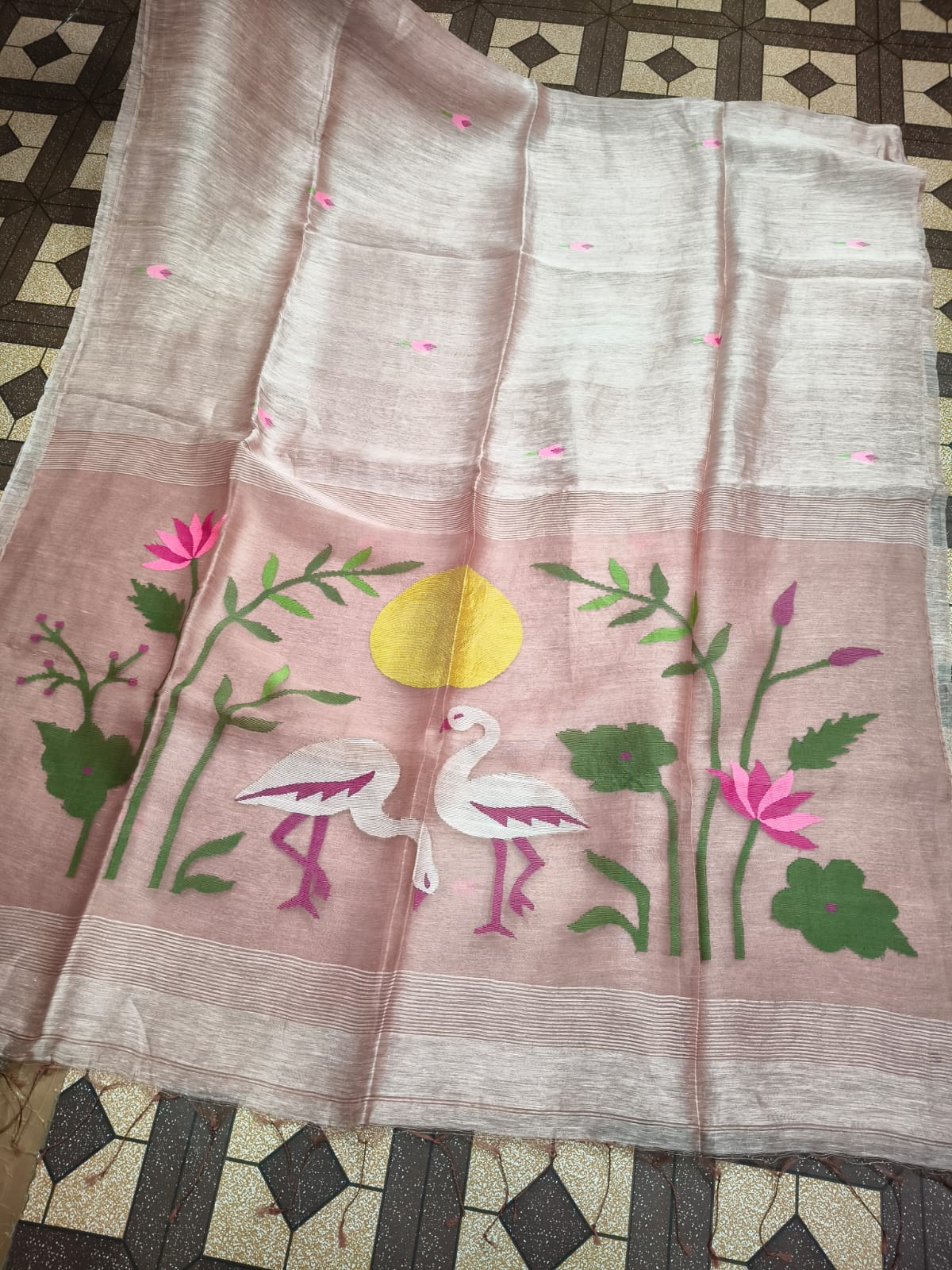 Kanika pure Jayasree silk linen saree with handwoven needlework Jamdani, pure Resham palla, all-over motifs and running blouse piece by Rihyaaz Fashions