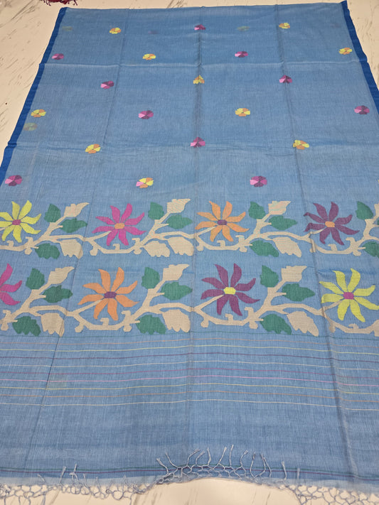 Alka handspun cotton needle Jamdani saree by Rihyaaz, featuring intricate handwoven Jamdani detailing and traditional Indian handloom craftsmanship.