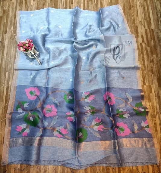 Handwoven Linen by Muslin Floral motifs saree with all-over needle weave work and golden zari border, blouse piece available | Rihyaaz