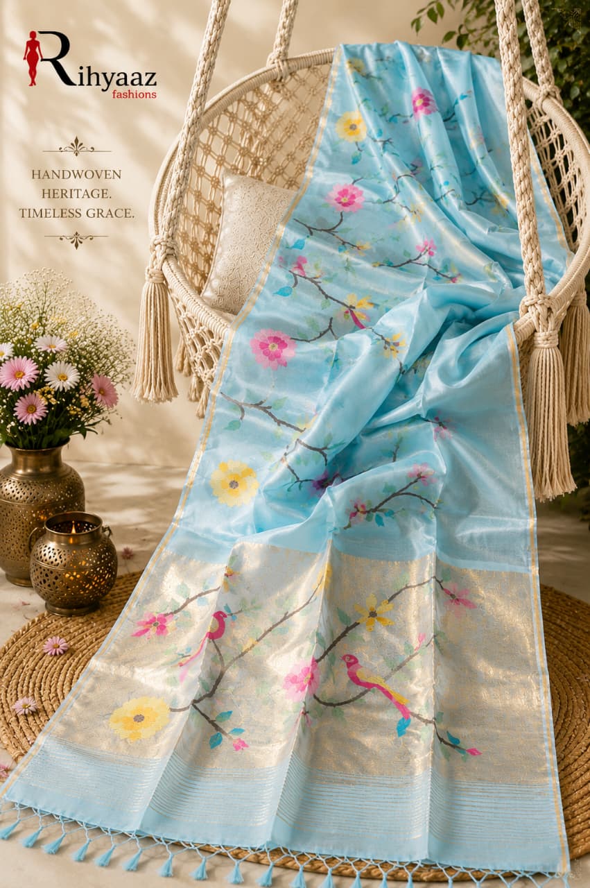 Anushua light blue Muslin Silk Paithani Palla Jamdani saree with intricate floral and bird weave by Rihyaaz.