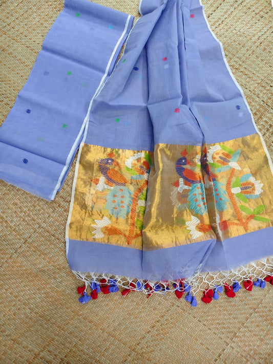 Morni light blue premium muslin tissue suit with intricate needle work Jamdani palla Peacock Motif dupatta by Rihyaaz.