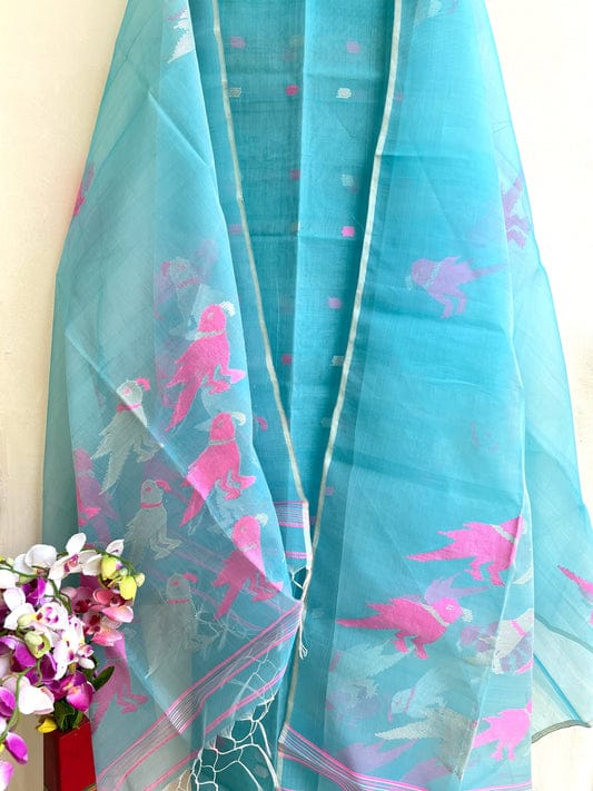 Chidiya muslin woven suit with zari and silk weaving, featuring polka dot motifs on the top by Rihyaaz Fashions.