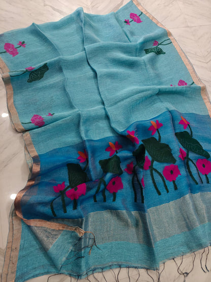 Muslin Silk linen floral motifs zari weaved Needle work jamdani saree by Rihyaaz 