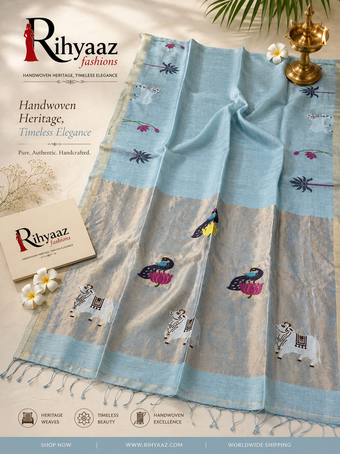 Subh Silk Linen Zari Palla Pichwai Motif Saree by Rihyaaz featuring intricate Pichwai-inspired motifs, luxurious zari palla, elegant handwoven craftsmanship, and a graceful drape for festive, wedding, and traditional wear.