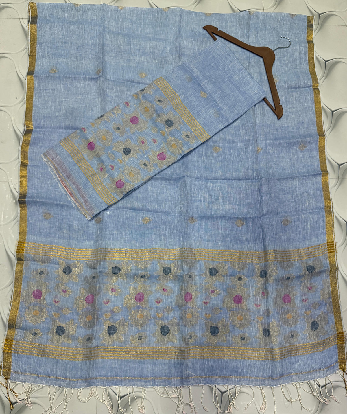 Light Blue zari weaved pure linen Jamdani suit set with 2.6 meter top and 2.5 meter Tassels dupatta by Rihyaaz 