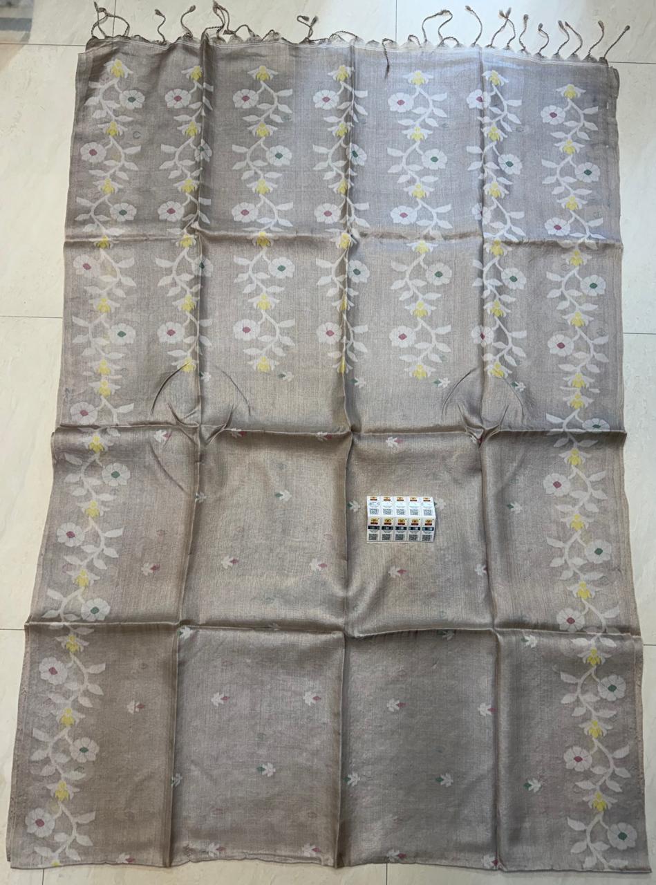 Rihyaaz Light Gray authentic pure Gachhi 2-ply Tussar Jamdani saree with PL weaving, unique all-over butti work, Silk Mark certified tag and running blouse piece.