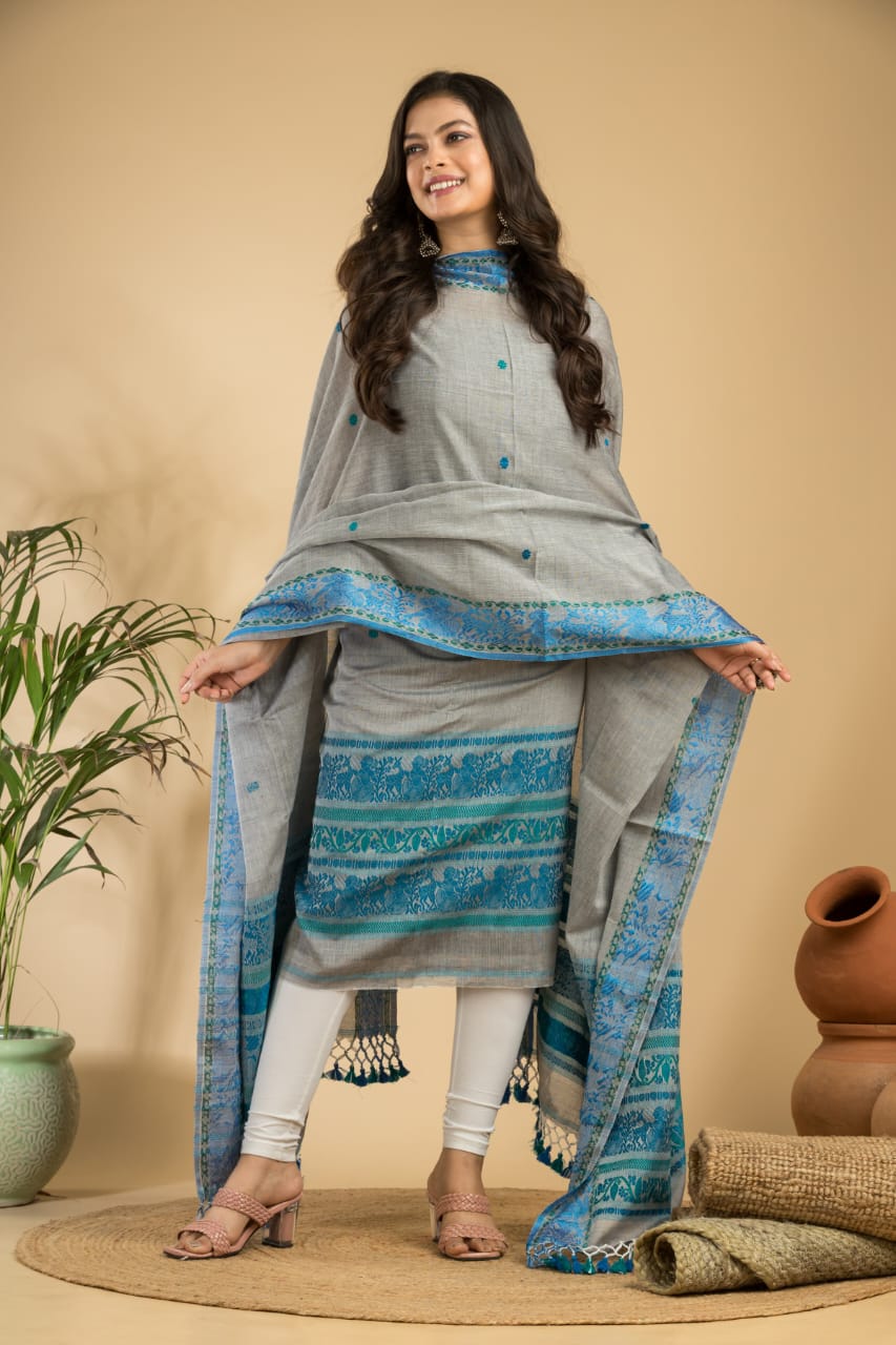 Rihyaaz Light Gray cotton Baluchari suit set with 2.5 meter top and 2.5 meter tassel dupatta, elegant traditional ethnic wear for women.