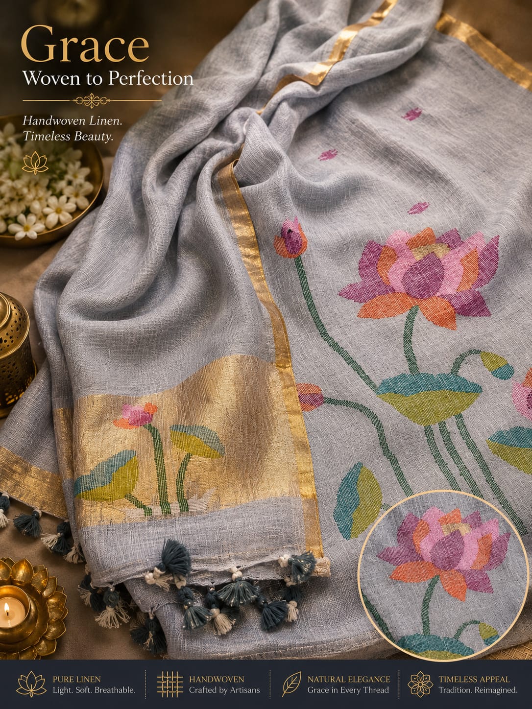 Komol Jayshree linen suit with lotus weaving and tissue palla dupatta by Rihyaaz