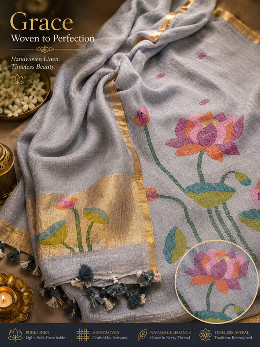 Komol Jayshree linen suit with lotus weaving and tissue palla dupatta by Rihyaaz