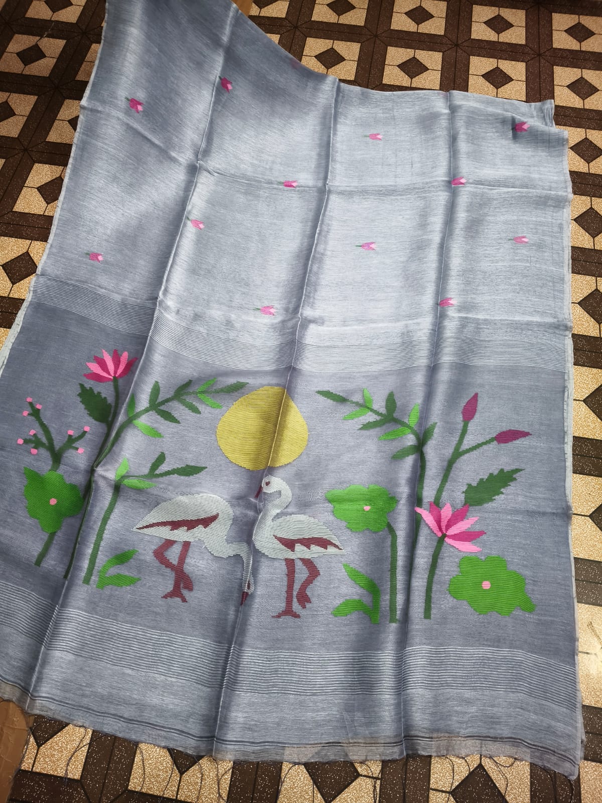 Kanika pure Jayasree silk linen saree with handwoven needlework Jamdani, pure Resham palla, all-over motifs and running blouse piece by Rihyaaz Fashions