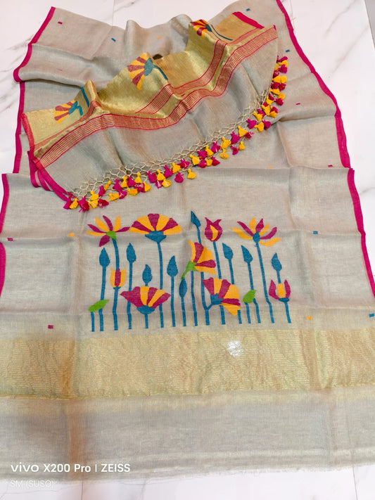 Tissue linen Pichwai weave Jamdani suit with dama detailing and zari palla, paired with floral-woven dupatta featuring zari border by Rihyaaz.