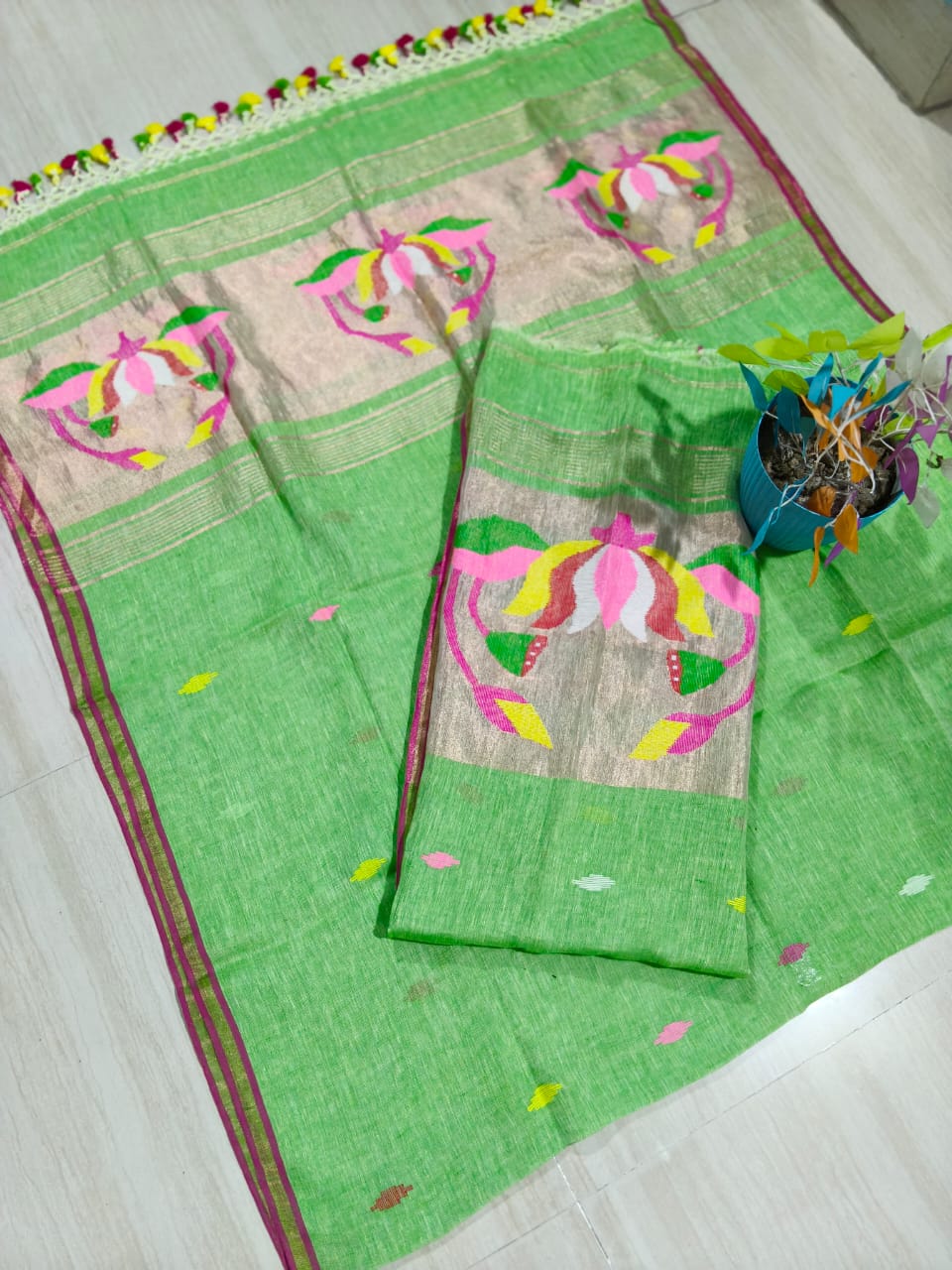 Cocoon Light green Jayshree linen by linen suit with intricate needle tissue patta Jamdani weaving, premium traditional ethnic wear by Rihyaaz.