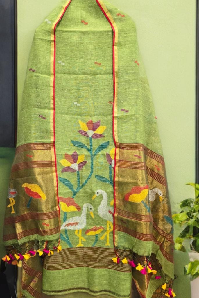 Kora Jayshree pure linen handwoven Jamdani kurti and dupatta set by Rihyaaz, featuring premium-quality traditional Indian handloom weaving.