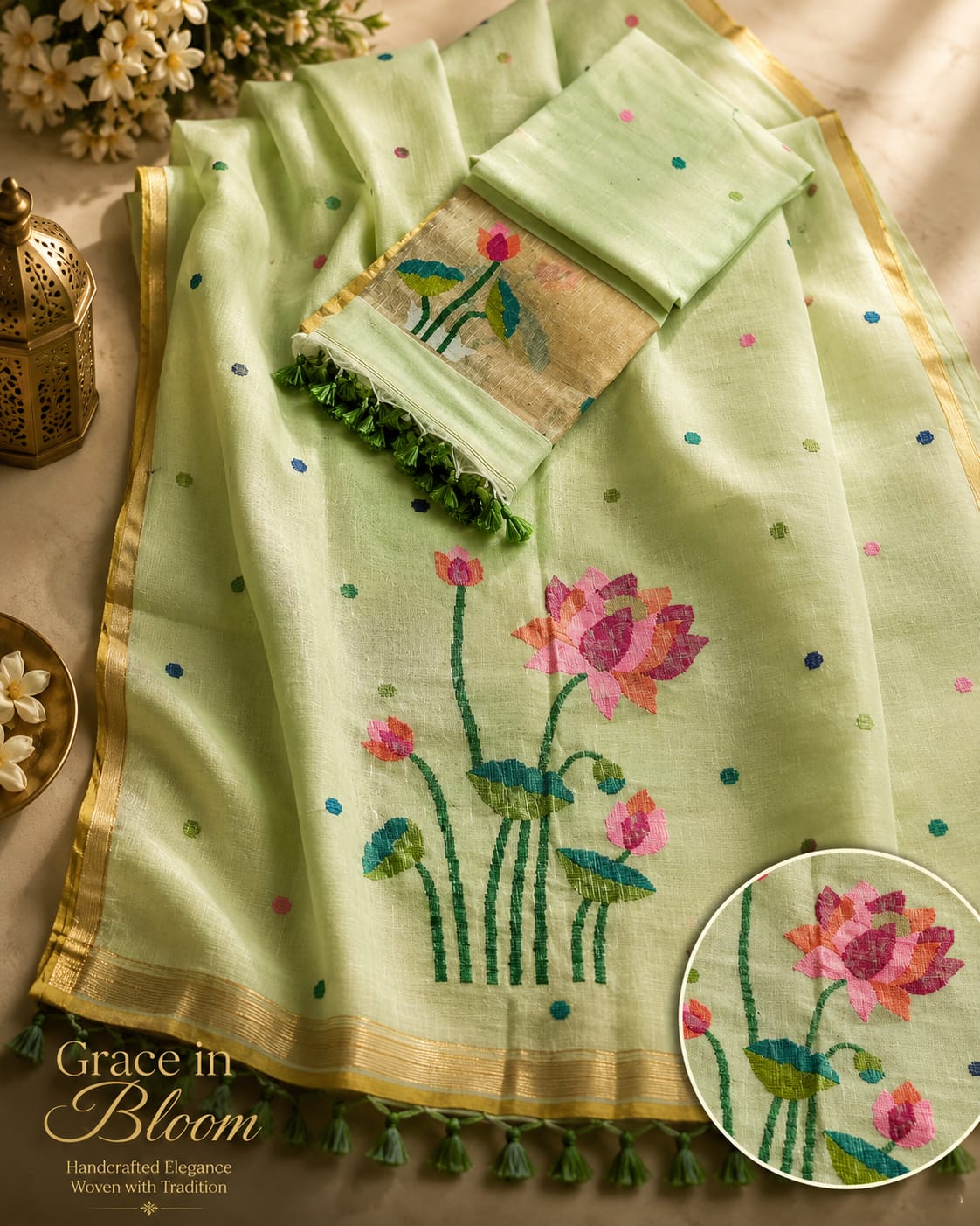 Komol Jayshree linen suit with lotus weaving and tissue palla dupatta by Rihyaaz