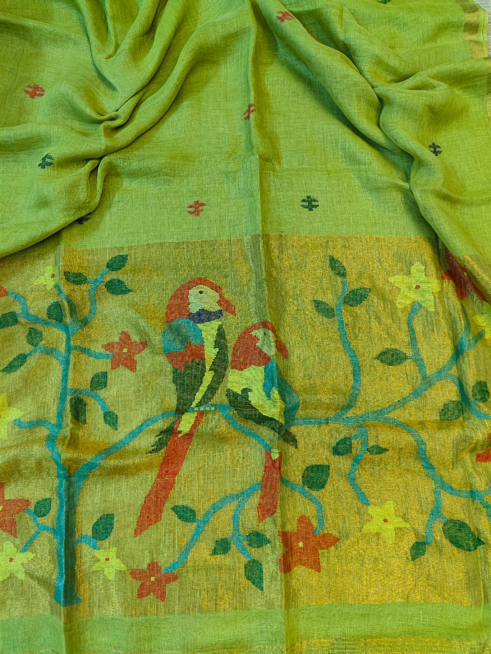 Kakatua Pure Linen Paithani Saree by Rihyaaz with matching blouse piece, elegant Paithani weave, premium linen fabric, custom colour options available, handcrafted ethnic wear.