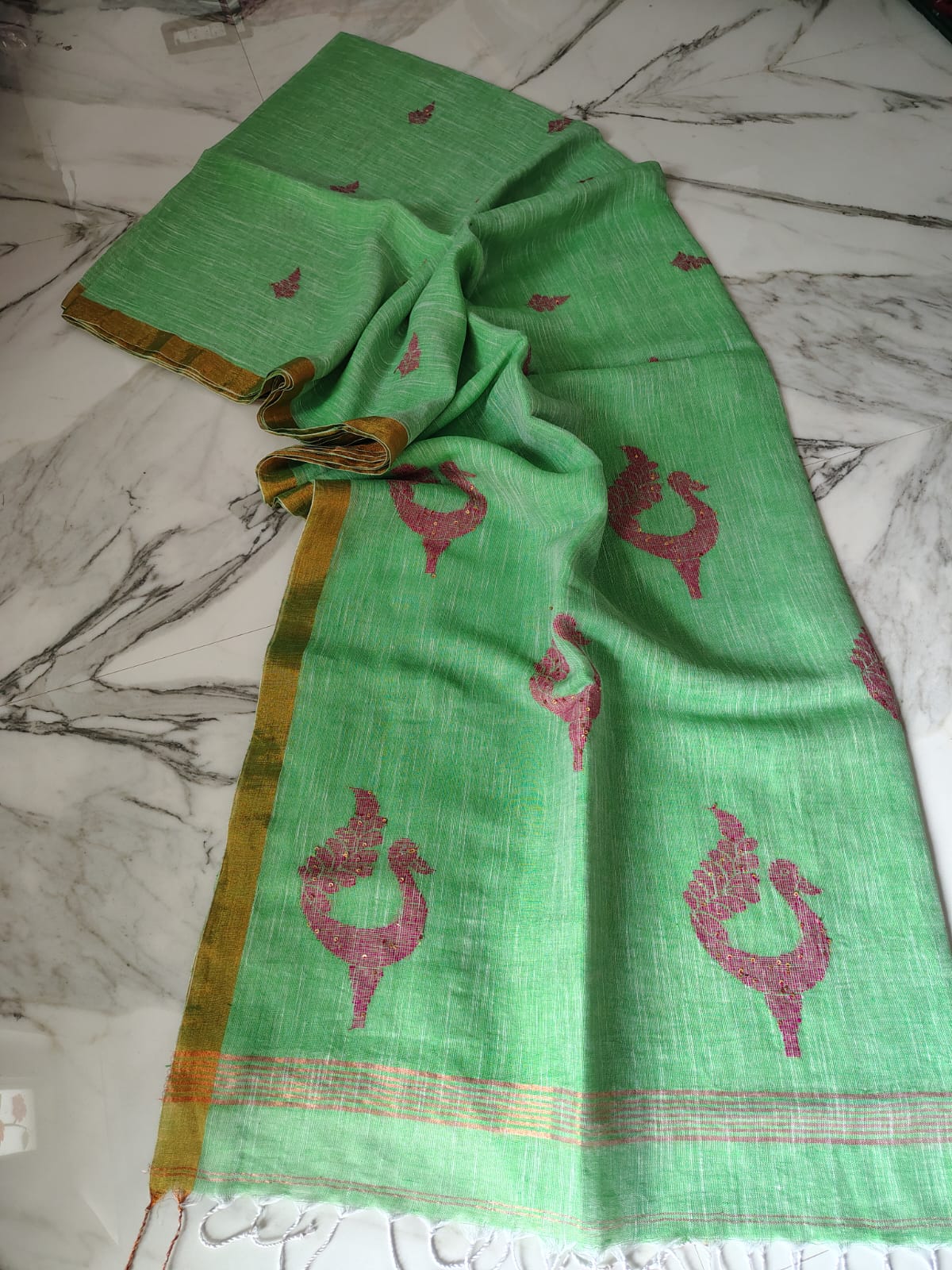 Exclusive Pure Linen by Linen Peacock Jamdani handwoven saree with all-over body Mina work and running blouse piece by Rihyaaz