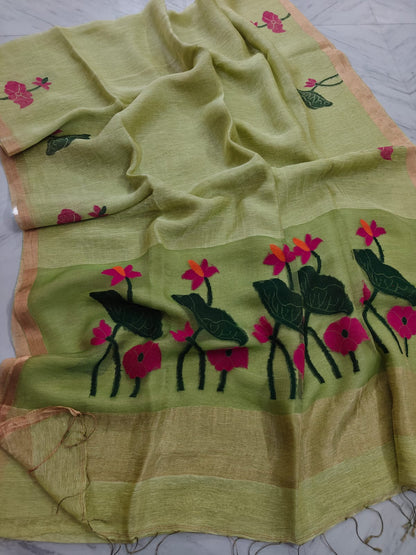 Muslin Silk linen floral motifs zari weaved Needle work jamdani saree by Rihyaaz 