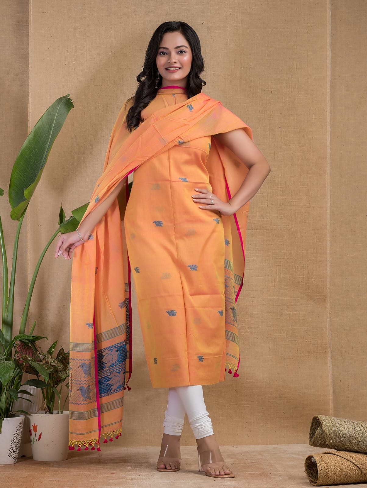 Bird Motif Jamdani Mul Mul Cotton Suit Set by Rihyaaz with 3-meter top and 2.5-meter dupatta