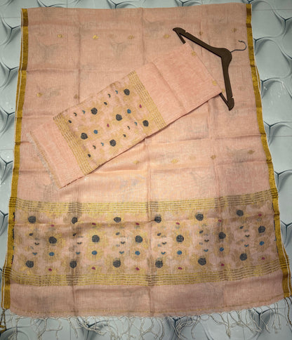 Light peach zari weaved pure linen Jamdani suit set with 2.6 meter top and 2.5 meter Tassels dupatta by Rihyaaz 