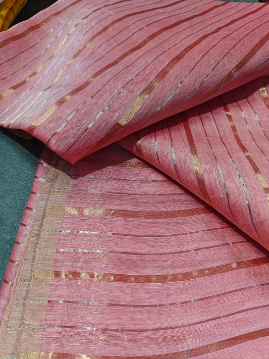 Shaam Resham Dual Zari Stripe Silk Linen Saree by Rihyaaz Fashions, premium handwoven silk linen saree with elegant resham and dual zari stripe detailing.