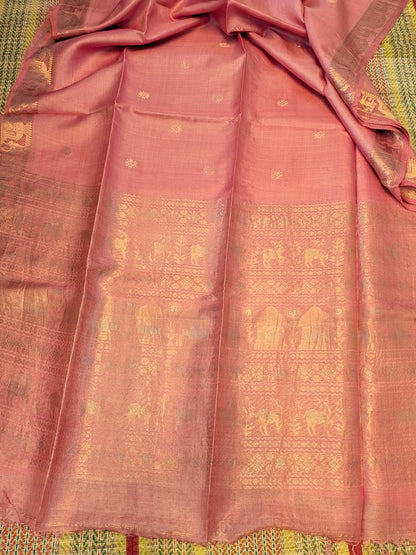 Hiran Light Pink pure Bengal Tussar silk Swarnachuri saree by Rihyaaz Fashions with running blouse piece.