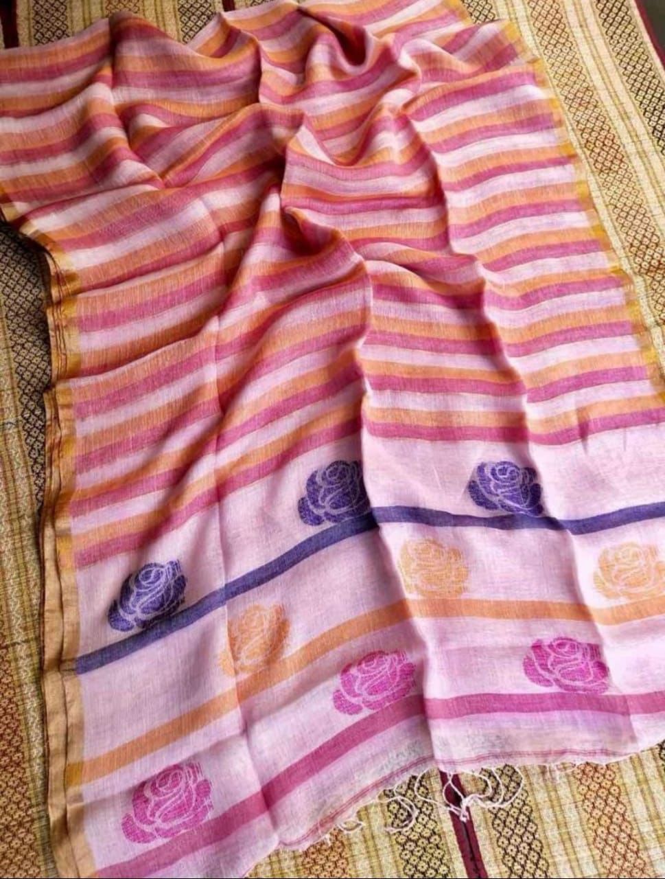Rose handwoven striped linen saree with elegant woven stripes, rose motifs, and a lightweight traditional handloom texture by Rihyaaz 