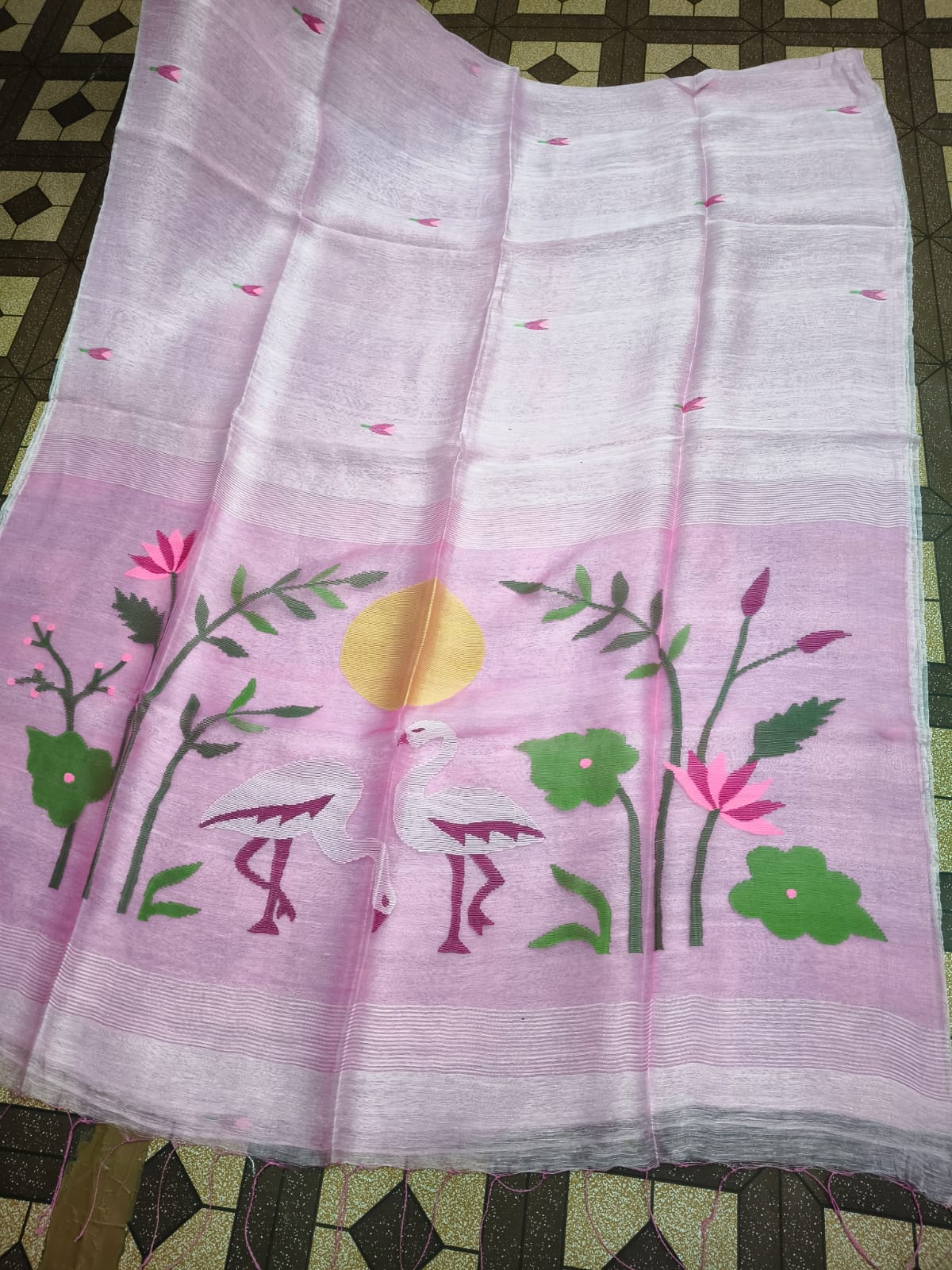 Kanika pure Jayasree silk linen saree with handwoven needlework Jamdani, pure Resham palla, all-over motifs and running blouse piece by Rihyaaz Fashions