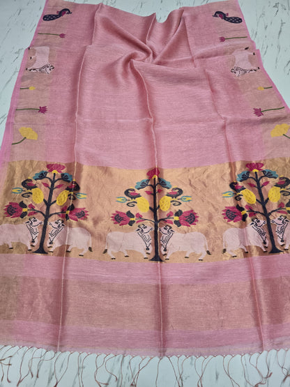 Suravi Silk Linen Pichwai Inspired Jamdani Saree by Rihyaaz featuring intricate handwoven Pichwai-inspired motifs on premium silk linen fabric, ideal for festive, wedding, and ethnic wear.