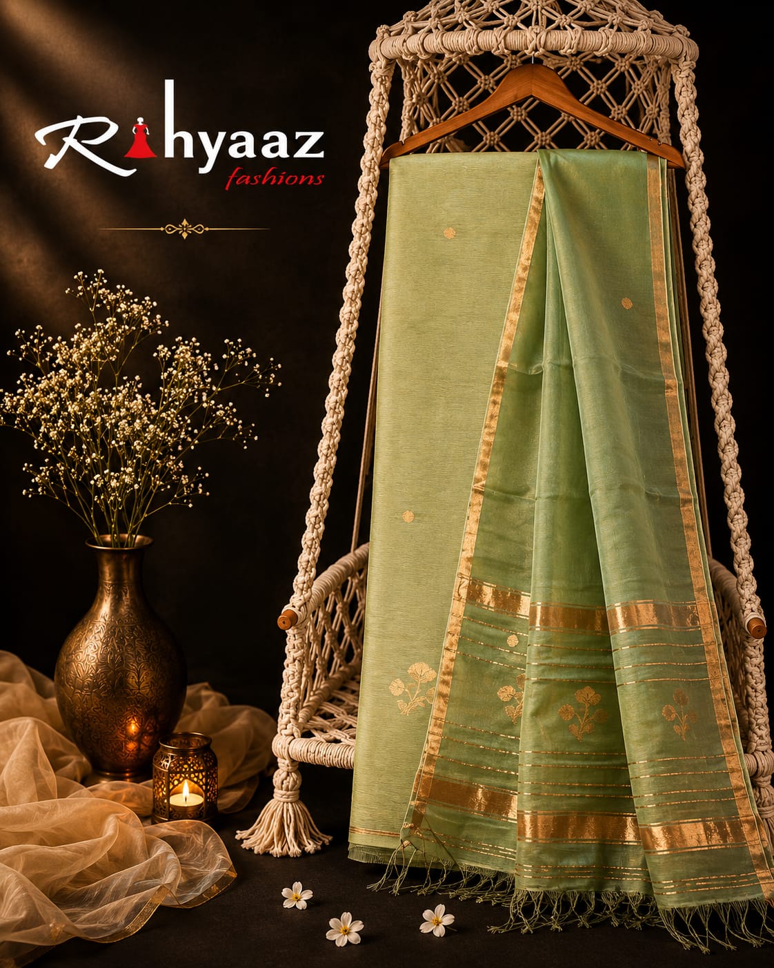 Lipi Light Sage Green Resham Linen Zari Jamdani suit with zari border and heavy palla Resham dupatta by Rihyaaz
