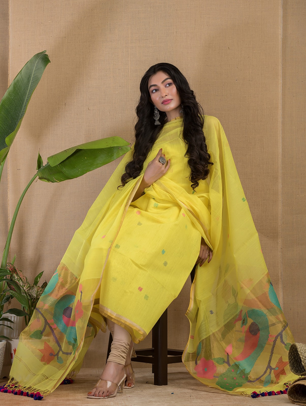 Rihyaaz Muslin Peacock Motif Paithani Jamdani handwoven suit with 2.5 meter top and tassel detailed dupatta