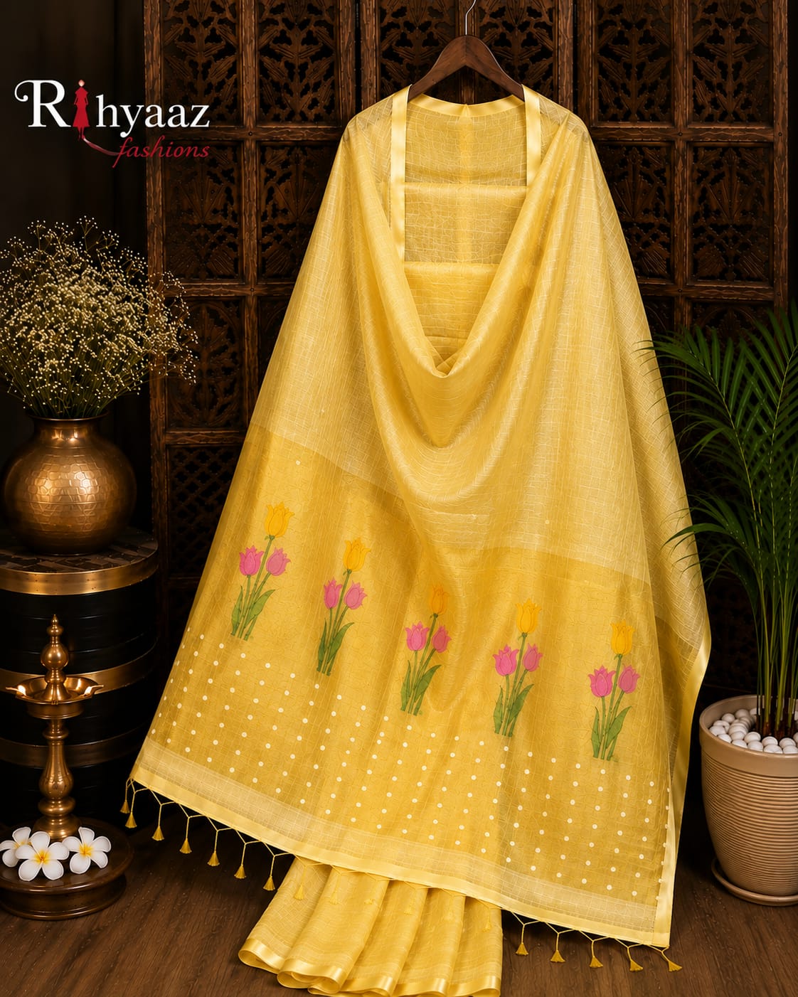 Tinka premium linen saree with resham tulip woven Jamdani anchal and all-over sequin detailing by Rihyaaz