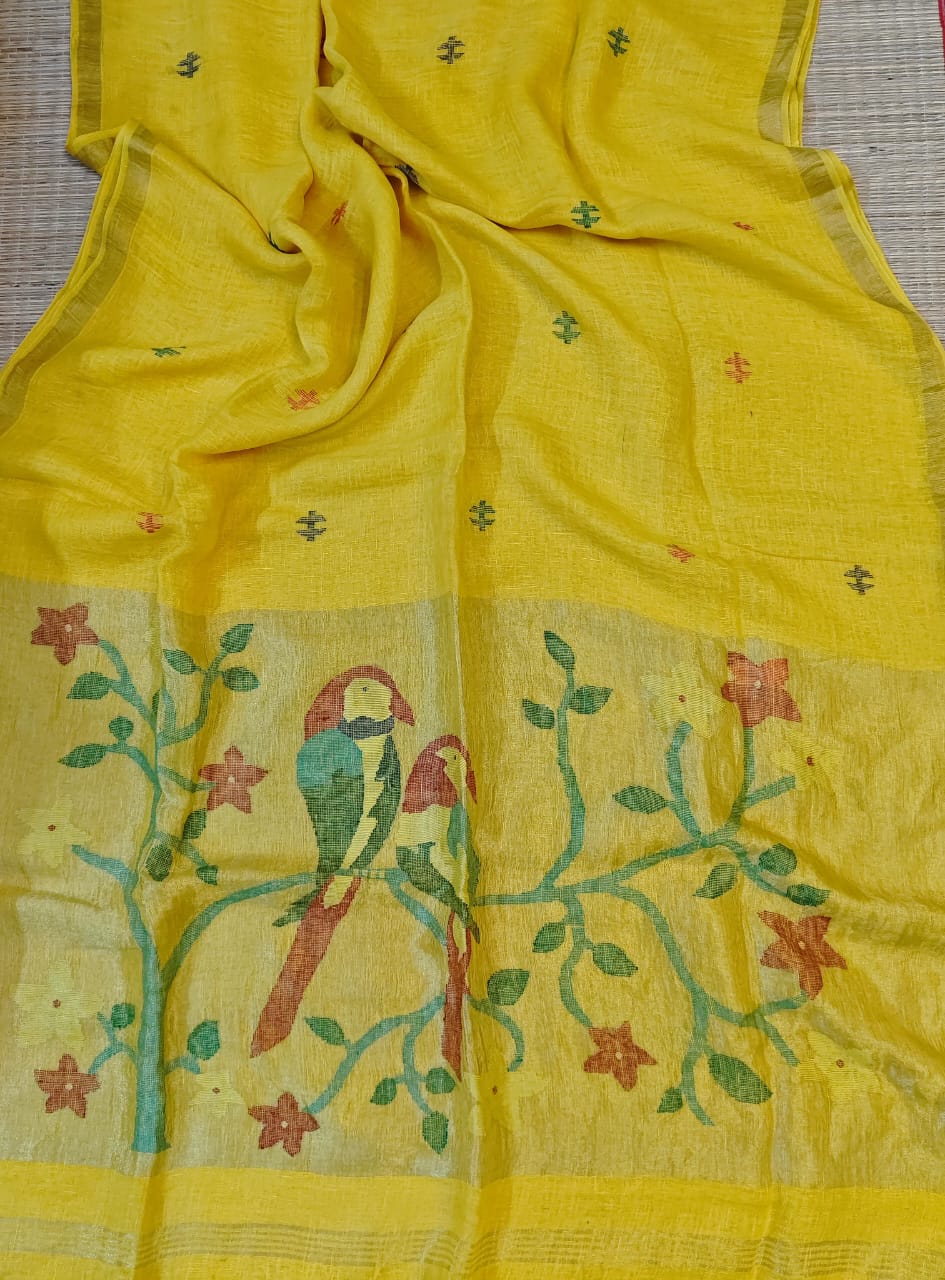 Kakatua Pure Linen Paithani Saree by Rihyaaz with matching blouse piece, elegant Paithani weave, premium linen fabric, custom colour options available, handcrafted ethnic wear.