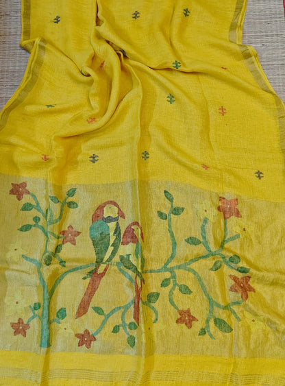 Kakatua light yellow Pure Linen Paithani Saree by Rihyaaz with matching blouse piece, elegant Paithani weave, premium linen fabric, custom colour options available, handcrafted ethnic wear.