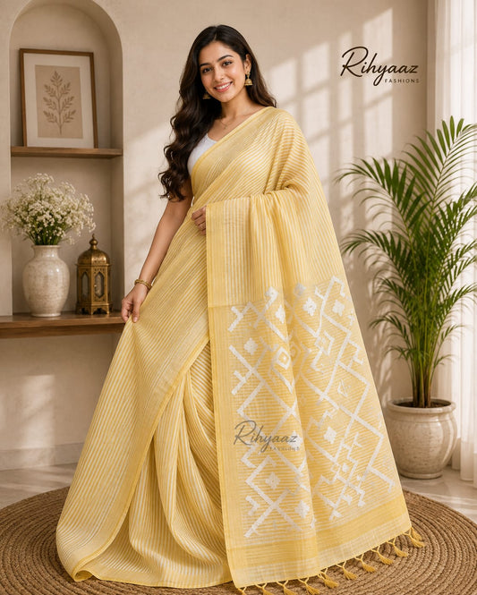 Sarsi – Pure Silk Linen Resham Pallu Jamdani Handwoven Saree with Blouse Piece | Rihyaaz