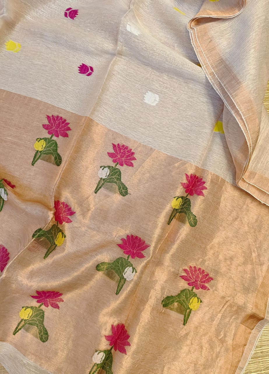 Beige fabric with floral embroidery pattern