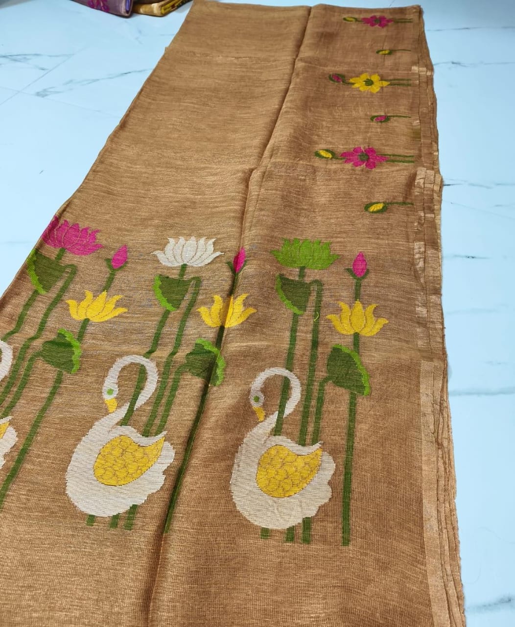 Rajhans - Pure Linen Silk Jamdani Handwoven Saree by Rihyaaz featuring premium linen silk fabric with intricate traditional Jamdani weaving, elegant handcrafted motifs, and luxurious festive ethnic wear for women.