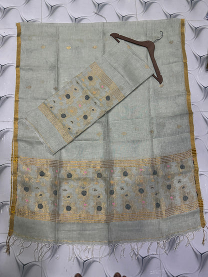 Light Gray zari weaved pure linen Jamdani suit set with 2.6 meter top and 2.5 meter Tassels dupatta by Rihyaaz 