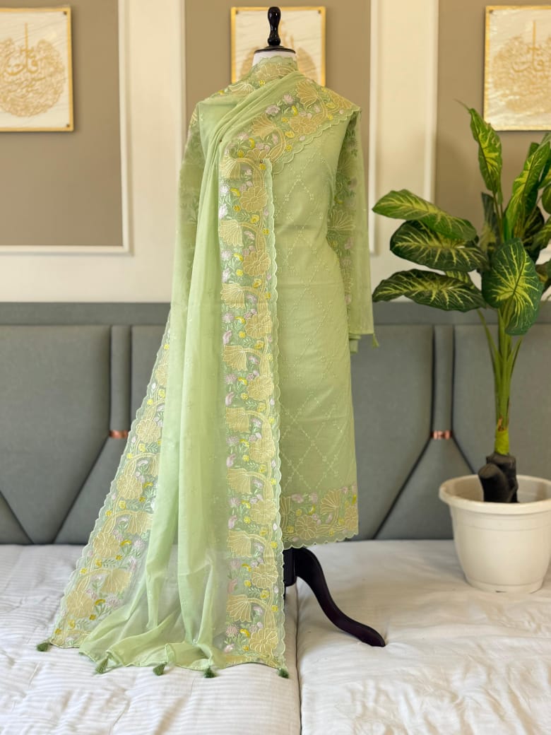 Exclusive light green Banarasi Mal Chanderi tissue suit set by Rihyaaz Fashions featuring an embroidered appliqué work top, matching tissue dupatta and plain cotton silk bottom, 2.5 metres each.
